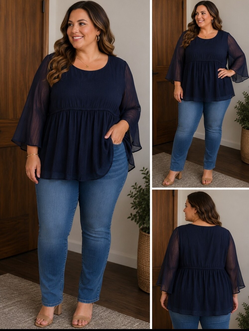 Women's Navy Peasant Blouse - Elegant Sheer Sleeve Top